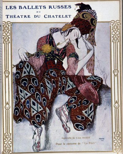 Les Ballets Russes al teatro del Chatelet: costume per "La Peri" - acquerello di Bakst, cop. in "Comoedia illustrata" da Leon Bakst