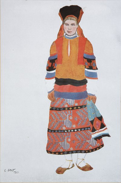 Donna contadina. Costume per il Vaudeville Vecchia Mosca al Théâtre Femina di Parigi, 1922 da Leon Bakst