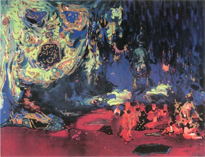 Schizzo della scenografia del balletto "Sheherezade" di Rimski-Korsakov (acquerello, matita e oro su carta) da Leon Bakst