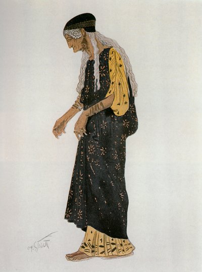 Infermiera bagnata, bozzetto di costume per la tragedia di Euripide "Ippolita" (acquerello, guazzo, pastello, oro su carta) da Leon Bakst