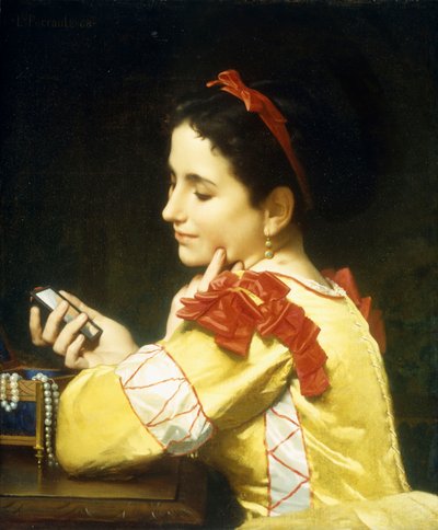 Signora che guarda in uno specchio a mano, 1868 da Leon Bazile Perrault