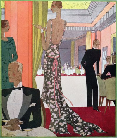 Design di moda per un abito da sera della Casa di Louise Boulanger a una serata di gala al Casinò di Le Touquet da Leon Benigni