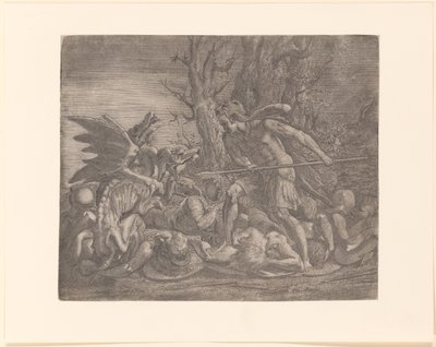 Giovane uomo con pelle di leone sulla testa, forse Cadmo, combatte un drago da Leon Davent