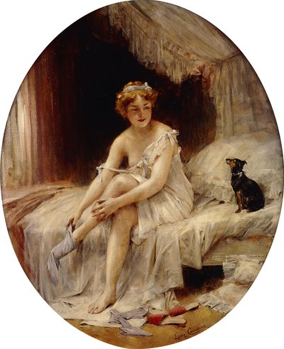 Piccola donna che si mette le calze; Petite Femme mettant sa bas da Leon Francois Comerre