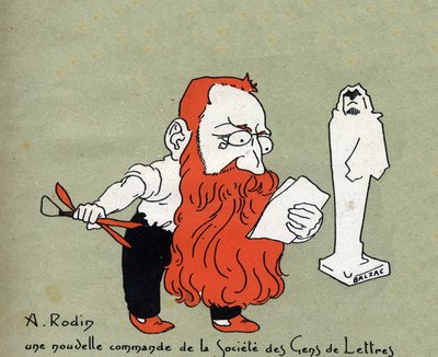 Cartone animato di Auguste Rodin con una nuova commissione dalla Societe des gens de lettres (Scultura di Balzac) - Illustrazione di Leon Lebegue - Incisione in "Le sun-du-dimanche" da Leon Lebegue
