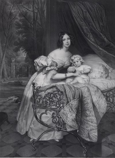 Ritratto di Maria Irineevna Buteneva, nata Chreptowicz 1811-1890 con la figlia Maria 1835-1905 da Leon Noel