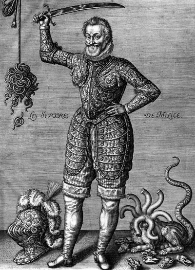 Enrico IV (1553-1610) re di Francia dal 1589 al 1610, qui in armatura, con una spada, come giustiziere, incisione di Leonard Gaultier da Leonard Gaultier