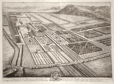 Chatsworth House, residenza di William Cavendish (1640-1707) 1° Duca di Devonshire, inciso da Johannes Kip da Leonard Knyff