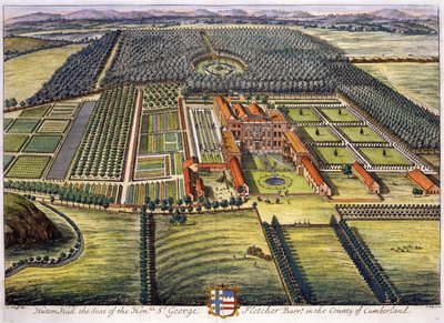 Hutton Hall nella contea di Cumberland inciso da Johannes Kip da Leonard Knyff