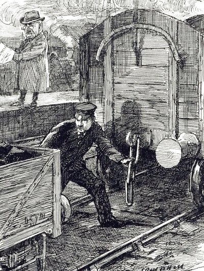 Una vignetta che commenta gli incidenti dei lavoratori ferroviari. Illustrato da Leonard Raven-Hill, artista, illustratore e vignettista inglese, XX secolo da Leonard Raven Hill