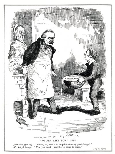 John Bull si lamenta con Lloyd George che ci sono troppe riforme nella sua legislazione sociale e nelle riforme della politica fondiaria, 1912 da Leonard Raven Hill