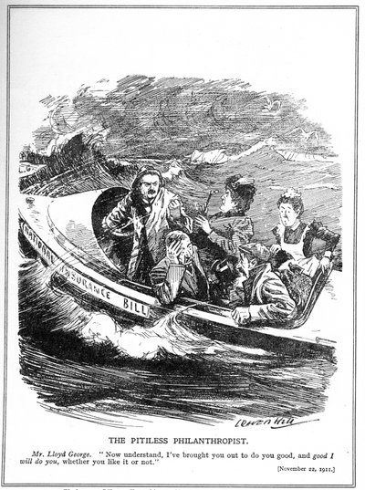Lloyd George, raffigurato come un marinaio di scialuppa di salvataggio, affronta l