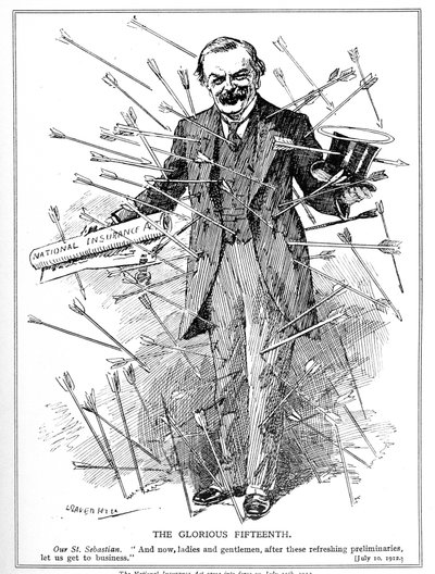 Lloyd George, raffigurato come il martire, San Sebastiano, sotto attacco per il suo National Insurance Act, entrato in vigore il 15 luglio 1912 da Leonard Raven Hill