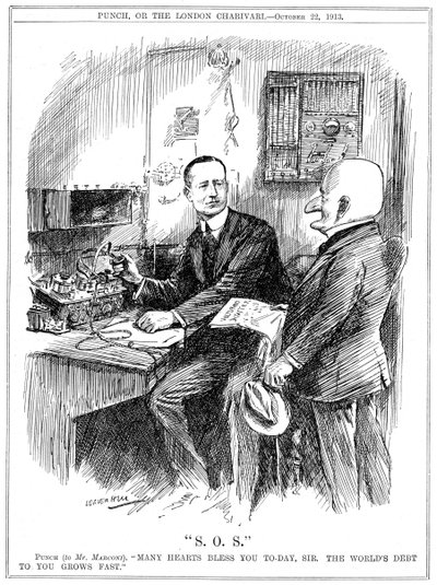Mr Punch ringrazia Marconi per la telegrafia senza fili che stava salvando vite in mare da Leonard Raven Hill