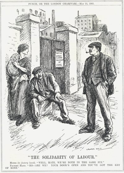La solidarietà del lavoro: operaio di fabbrica, chiuso fuori per mancanza di carbone, dice a un minatore che ha la chiave per riaprire tutti i luoghi di lavoro. Cartone animato di Leonard Raven-Hill da Leonard Raven Hill