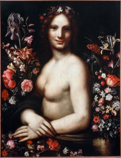 Busto di una giovane donna chiamata Flora tra i fiori da Leonardo da (after) Vinci
