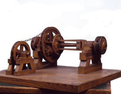 Modello in legno di ingranaggi e ruote basato sul disegno di Leonardo da Vinci. Museo della Scienza e della Tecnologia, Milano da Leonardo da (after) Vinci