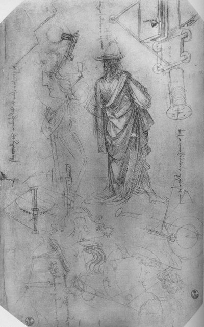 Figura drappeggiata, studi di macchinari ecc., c1480 1945 da Leonardo da Vinci