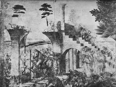 Adorazione dei Magi - Cavalieri in lontananza a sinistra, c1481 da Leonardo da Vinci