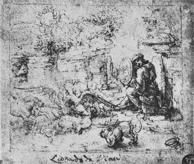 Allegoria: Animali che combattono e un uomo con una lente ustoria da Leonardo da Vinci