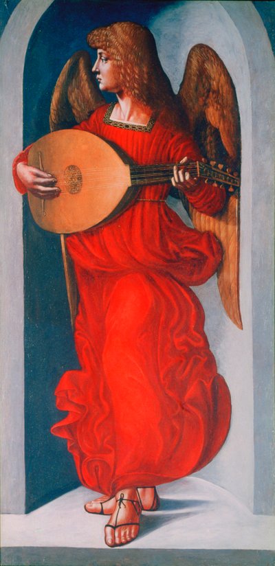 Un angelo in rosso con un liuto, 1490-1499 da Leonardo da Vinci