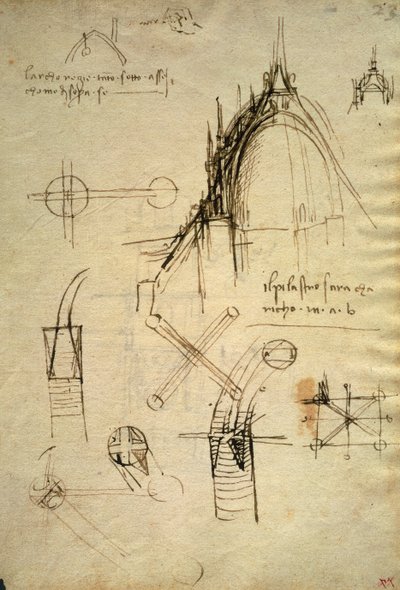 Dettagli architettonici e sezione della cupola del Duomo di Milano, f41 del Codice Trivulziano da Leonardo da Vinci