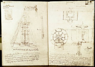 Architettura e arte militare: pagina sinistra: scala a chiocciola intorno a una torre. Foratura di una trave. Pagina destra: piano d