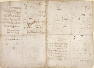 Arundel 263, f.135v, f.134, Note e diagrammi sulla meccanica; note e schizzi schematici sui corsi dei fiumi e sul flusso dell