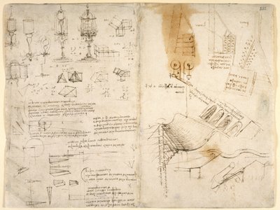 Schizzi di lampade articolate; note sulla meccanica; calcoli matematici; schizzi geometrici da Leonardo da Vinci