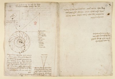 Arundel 263, f.44v, f.59 Schizzo di un occhio e di un naso di un volto di profilo; note sull