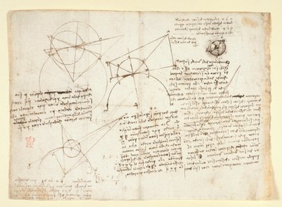 Il verso di una singola grande foglia, precedentemente rilegata lungo il bordo destro e piegata nel taccuino. Note e diagrammi sull