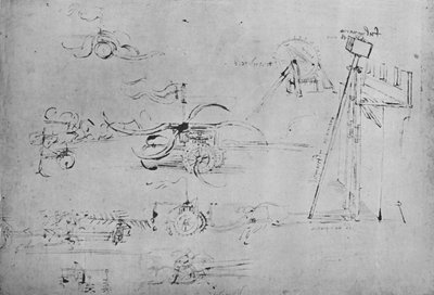 Carri armati di falci e flagelli e cavaliere con tre lance, c1480, 1945 da Leonardo da Vinci