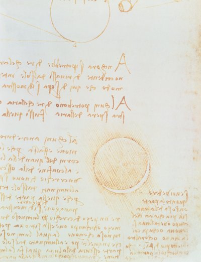 Dettaglio di fol. 2r, dal Codice Leicester, che mostra la luminosità esterna della luna da Leonardo da Vinci