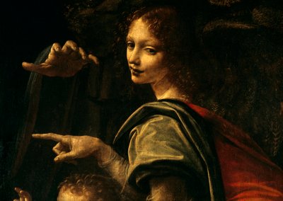 Dettaglio della Vergine delle Rocce, San Giovanni Battista che indica con il dito e la mano della Vergine Maria da Leonardo da Vinci