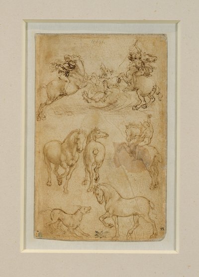 Due cavalieri che combattono contro un drago; un cavaliere e due cavalli; un cane e un cavallo ... da Leonardo da Vinci