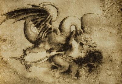 Drago che uccide un leone, disegno di Leonardo da Vinci. Gabinetto dei Disegni e Stampe, Galleria degli Uffizi, Firenze da Leonardo da Vinci