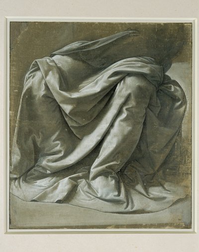 Drappeggio per una figura seduta, pennello e tempera grigia, lumeggiature bianche su tela di lino grigia preparata ... da Leonardo da Vinci