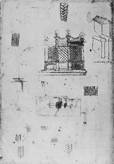 Disegno di uno schermo decorativo e altri schizzi, c1480 1945 da Leonardo da Vinci