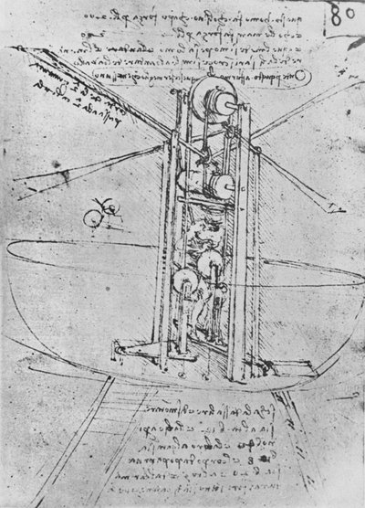 Disegno di una Macchina Volante con un Uomo che la Opera, c1480 da Leonardo da Vinci