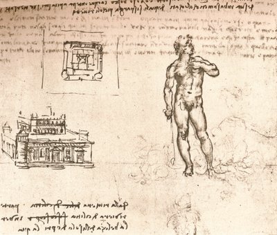 Disegno di piani per un castello e di una figura nuda, lavato con inchiostro indiano, c. 1472-c. 1519 da Leonardo da Vinci