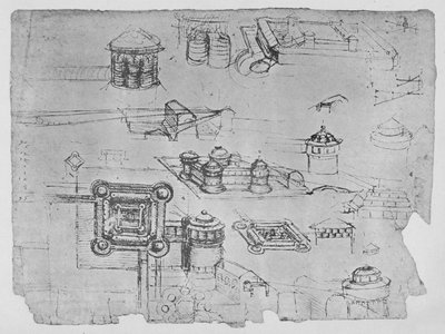 Disegni di un castello quadrato da Leonardo da Vinci
