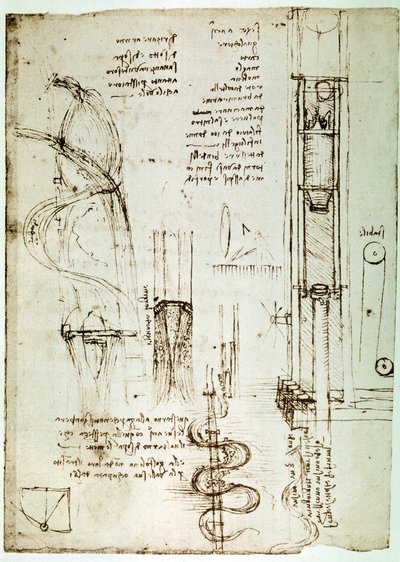 Estratto da un manoscritto di Da Vinci che descrive il principio e la costruzione di un "Pile Drive (Pile Mallet)" (manoscritto) da Leonardo da Vinci