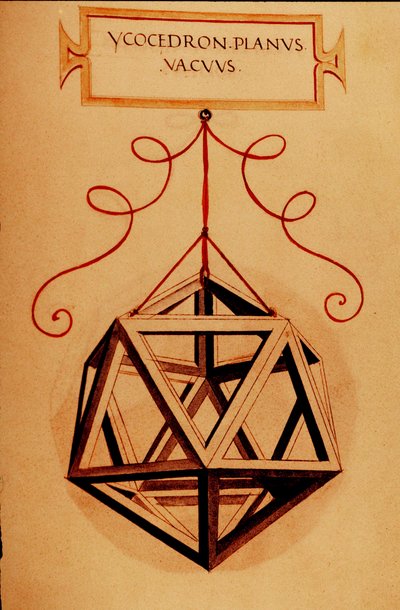 Geometria: "Un icosaedro" Pagina tratta dal manoscritto "De divina proportione" del matematico Fra Luca Pacioli detto Luca di Borgo (1445-1517) illustrato da Leonardo da Vinci (1452-1519). 1509 da Leonardo da Vinci