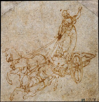 Dea in piedi su un carro trainato da due cavalli, uno dei quali sta cadendo da Leonardo da Vinci