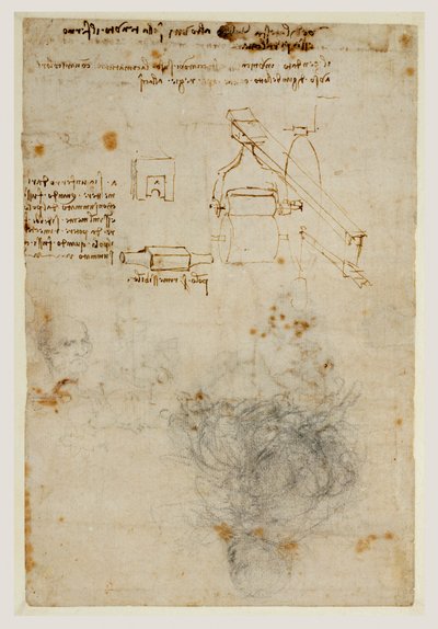 Testa di un vecchio e studi di macchinari, c.1503-06 da Leonardo da Vinci