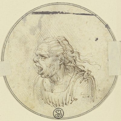 Vignetta raffigurante una donna con la bocca aperta, busto, di profilo verso sinistra da Leonardo da Vinci