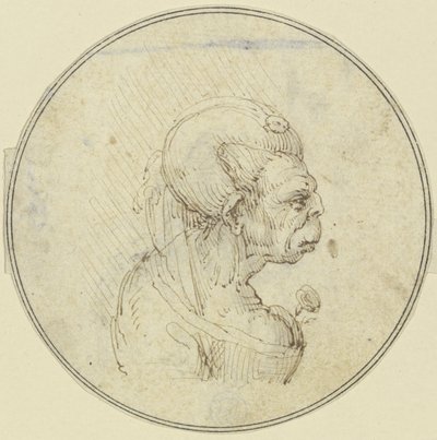 Caricatura di una donna anziana, ritratto a mezzo busto con una rosa sul petto, di profilo verso destra da Leonardo da Vinci