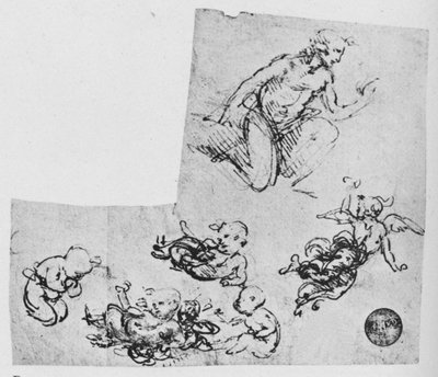 Giovane inginocchiato e putti, c1480 1945 da Leonardo da Vinci
