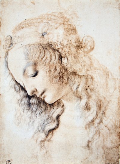 Leonardo da Vinci: Ritratto di una ragazza con occhi chiusi e testa china, con capelli adornati da una fascia arricchita di gioielli (Immagina) da Leonardo da Vinci