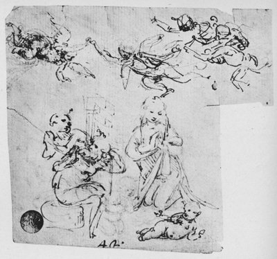Madonna che adora il Bambino Gesù e altre figure, c1480 1945 da Leonardo da Vinci